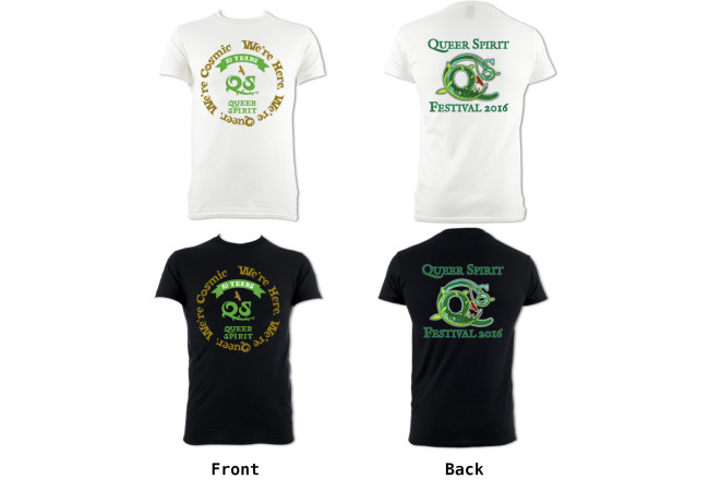 Queer Spirit Celebration T-shirt, front and back designs (adult sizes)