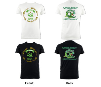 Queer Spirit Celebration T-shirt, front and back designs (adult sizes)